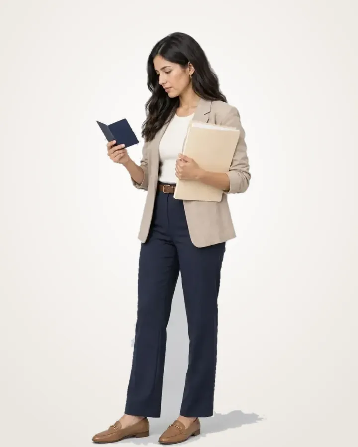 Traveler reviewing her passport and visa documents